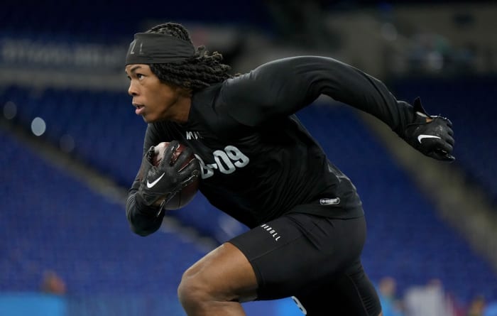 Mar 5, 2023; Indianapolis, IN, USA; Alabama running back Jahmyr Gibbs (RB09) during the NFL Scouting Combine at Lucas Oil Stadium. Mandatory Credit: Kirby Lee-USA TODAY Sports